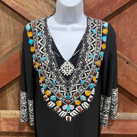 Chico's Beaded Southwestern Dress Size Small 0, Size 4 Stretch Colorful Bell Sle - Picture 4 of 12
